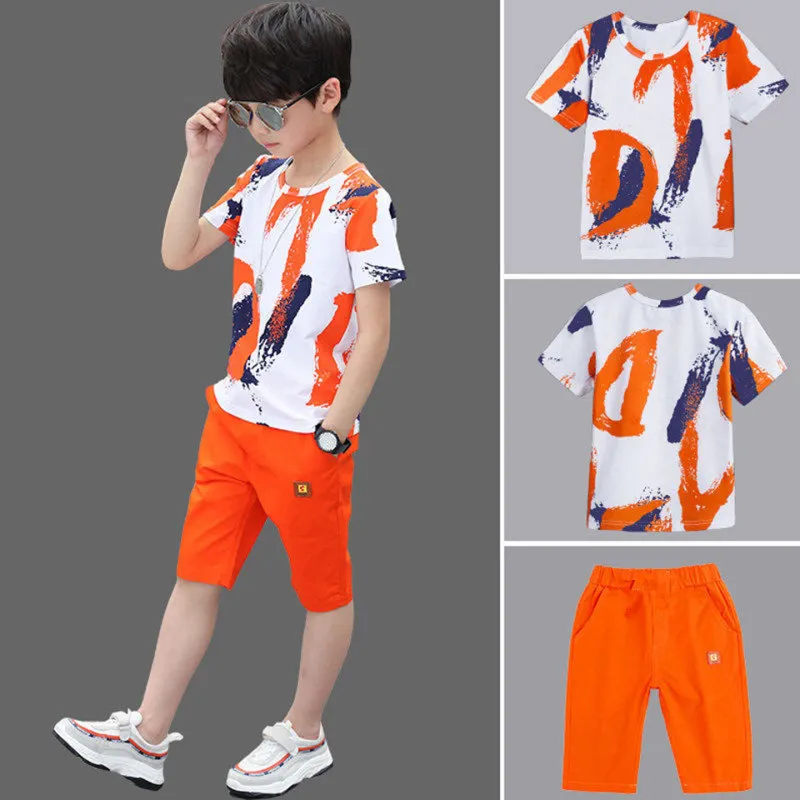 Kids Boys Casual Round Neck Short Sleeve Letter Pattern Loose T-Shirt And Shorts Set