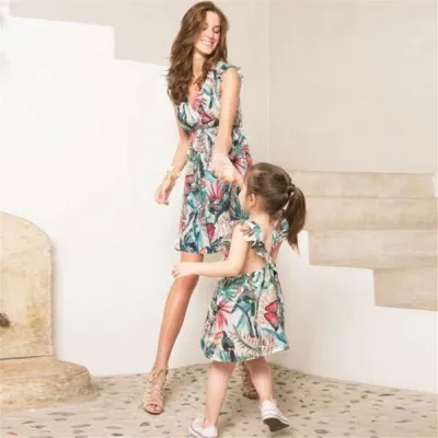 Parent-child Daughter Casual V Neck Sleeveless All Over Print Ruffled Dress