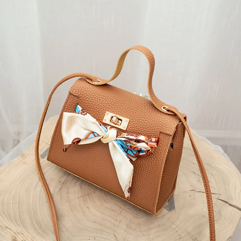 Women Fashion Silk Scarf Decorative Flap Buckle Design Solid Color PU Crossbody Bag