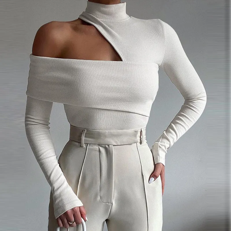 White Ribbed Knitted Turtleneck Long Sleeve Top Hollow Out Sexy Women Clothing
