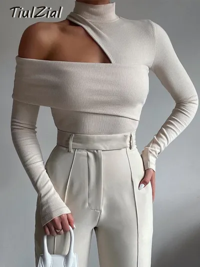 White Ribbed Knitted Turtleneck Long Sleeve Top Hollow Out Sexy Women Clothing