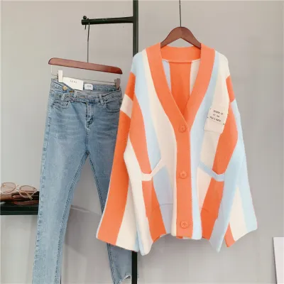 Autumn Color Blocking Vertical Stripe Cardigan Women Cozy Knitted Sweater