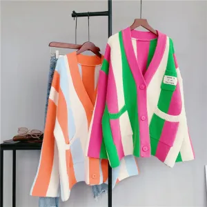 Autumn Color Blocking Vertical Stripe Cardigan Women Cozy Knitted Sweater