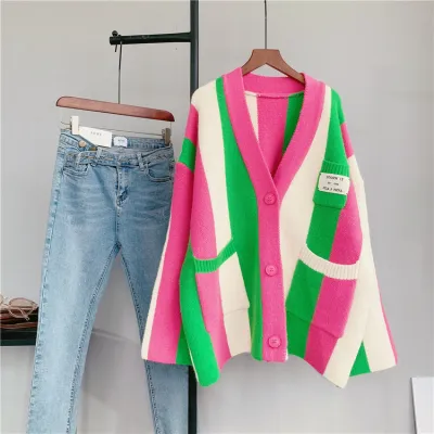 Autumn Color Blocking Vertical Stripe Cardigan Women Cozy Knitted Sweater