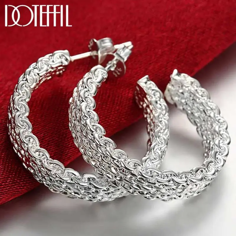 Women Chic Mesh Design Silver Hoop Earrings for Wedding