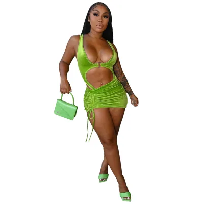 Women Sexy Edgy Night Out Fashion Solid Color Velvet Cut Out Swimwear Two Piece Set