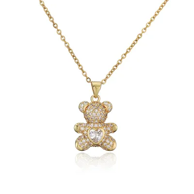 Women Cute Cubic Zirconia Bear Pendant Necklace Copper Chain