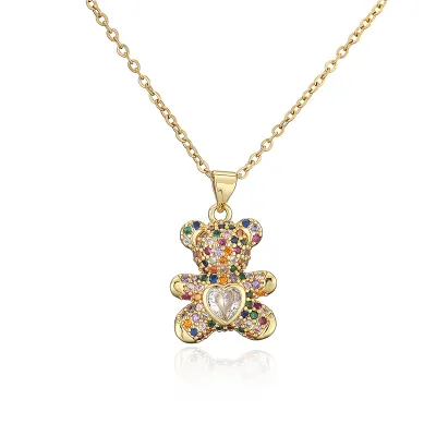 Women Cute Cubic Zirconia Bear Pendant Necklace Copper Chain