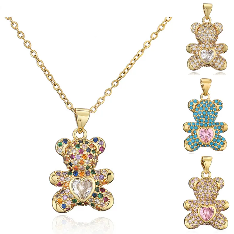 Women Cute Cubic Zirconia Bear Pendant Necklace Copper Chain