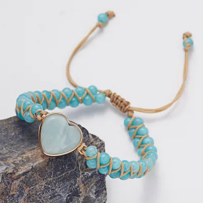Unisex Vintage Heart Shaped Stone Strand Wrap Bracelet