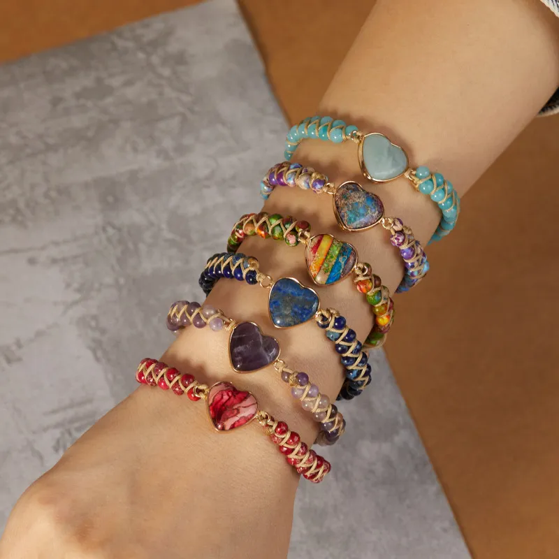 Unisex Vintage Heart Shaped Stone Strand Wrap Bracelet