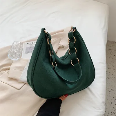 Women Vintage Chain Decoration Solid Color Large Capacity PU Suede Shoulder Bag