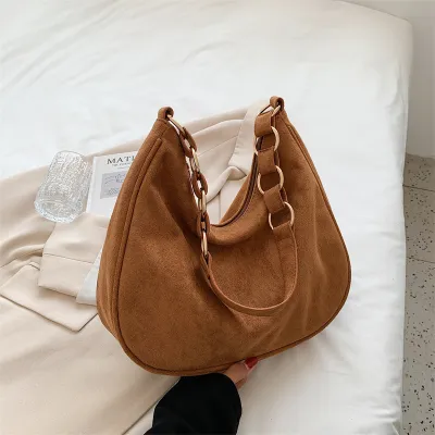 Women Vintage Chain Decoration Solid Color Large Capacity PU Suede Shoulder Bag