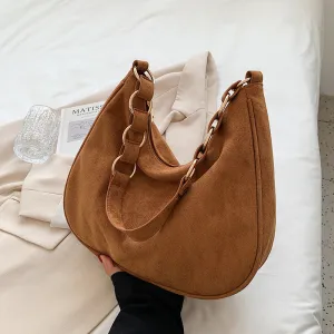 Women Vintage Chain Decoration Solid Color Large Capacity PU Suede Shoulder Bag