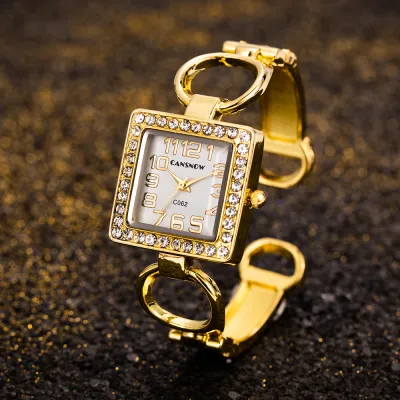 Women Exquisite Rhinestone Square Dial Design Alloy Bangle Quartz Watch