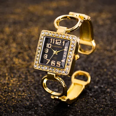 Women Exquisite Rhinestone Square Dial Design Alloy Bangle Quartz Watch