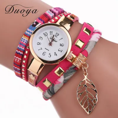 Women Luxury Metal Leaf Pendant Bracelet Quartz Watch Fabric Strap 22mm