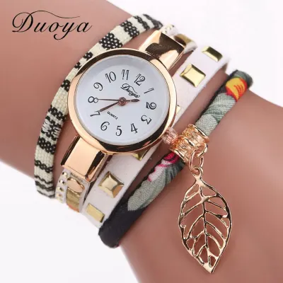 Women Luxury Metal Leaf Pendant Bracelet Quartz Watch Fabric Strap 22mm