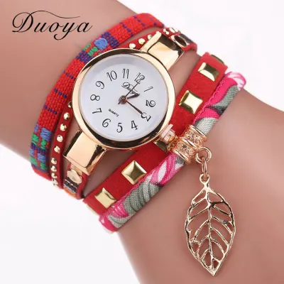 Women Luxury Metal Leaf Pendant Bracelet Quartz Watch Fabric Strap 22mm