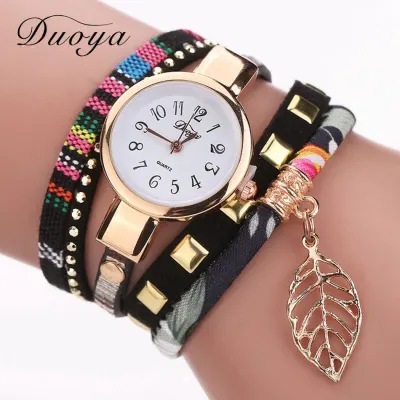 Women Luxury Metal Leaf Pendant Bracelet Quartz Watch Fabric Strap 22mm