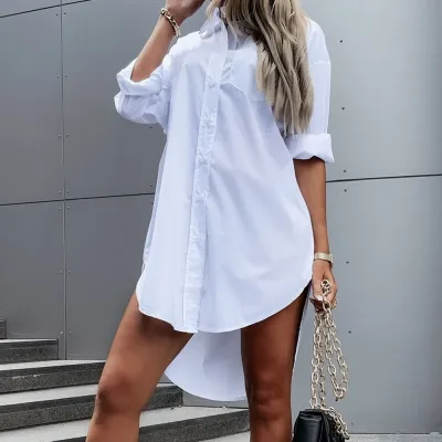 Women Casual Solid Color Long Sleeve Pocket Single-Breasted Blouse