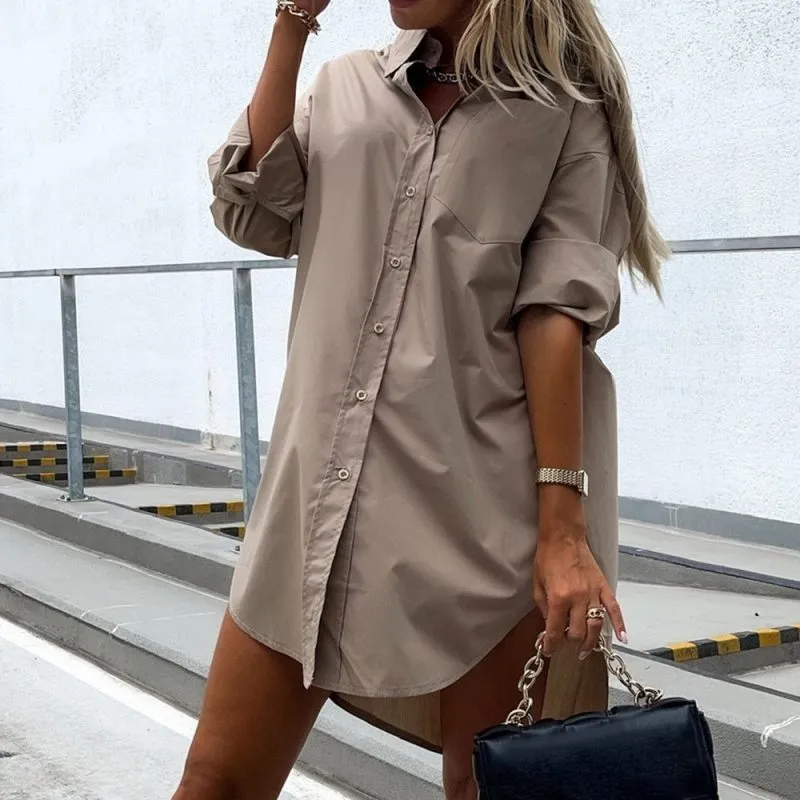 Women Casual Solid Color Long Sleeve Pocket Single-Breasted Blouse