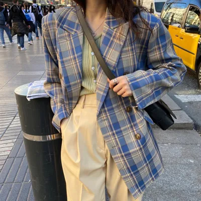 Vintage Women's Double Breasted Plaid Blazer with Color Blocking