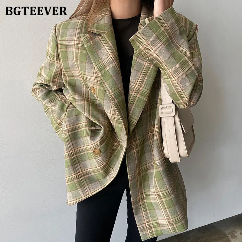 Vintage Women's Double Breasted Plaid Blazer with Color Blocking