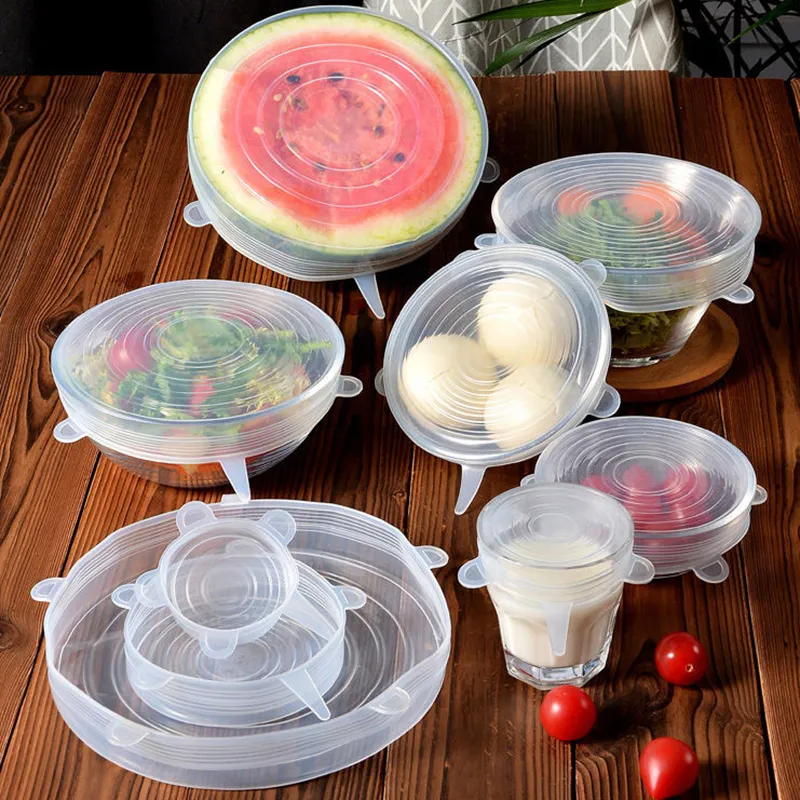 6 Pcs Adjustable Elastic Silicone Cover Cap Universal Expandable Lids For Cans Dishes Bowl Reusable Stretch Kitchen