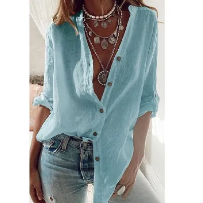 S-5XL Oversized Cotton Linen Shirt Women Casual Button Up Blouse White Solid Long Sleeve