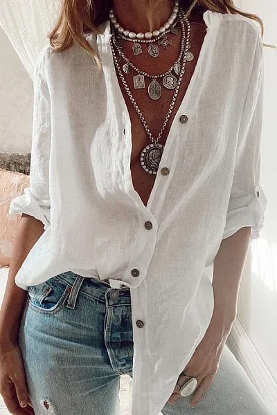 S-5XL Oversized Cotton Linen Shirt Women Casual Button Up Blouse White Solid Long Sleeve