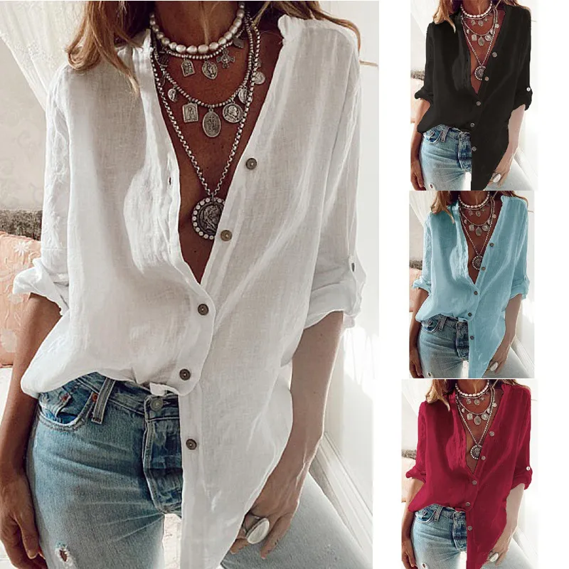 S-5XL Oversized Cotton Linen Shirt Women Casual Button Up Blouse White Solid Long Sleeve