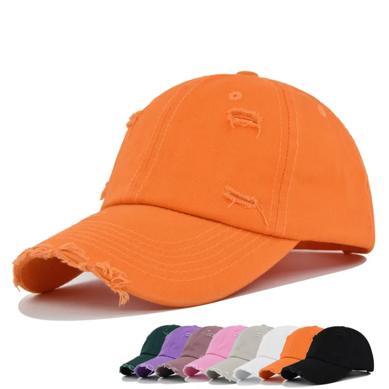 Casual Twill Adjustable Ripped Baseball Cap With Curved Brim Hat