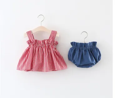 Kids Baby Girls Summer Plaid Suspender Pants Two Piece Sleeveless Flowy Outfit Set