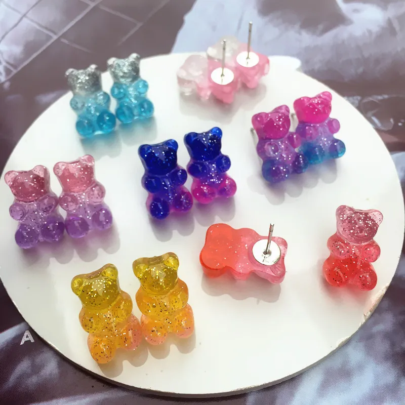 Women Cute Cartoon Bear Shaped Plastic Resin Stud Earrings