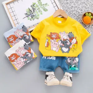 Conjunto de camiseta de manga corta con cuello redondo y pantalones cortos de mezclilla elásticos con animales de dibujos animados lindos para niños