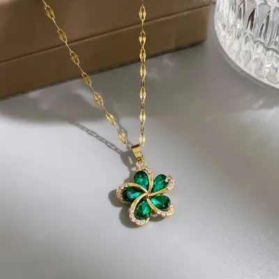 Women Vintage Rhinestone Flower Shaped Pendant Stainless Steel Necklace