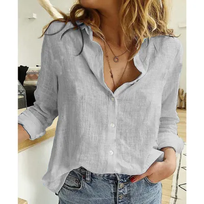 Women Casual Cotton Linen Loose Long Sleeve Blouse