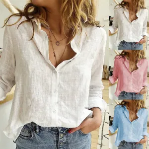 Women Casual Cotton Linen Loose Long Sleeve Blouse
