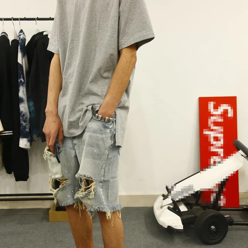 Men Casual Retro Wash Big Hole Hip Hop Knee Length Denim Shorts