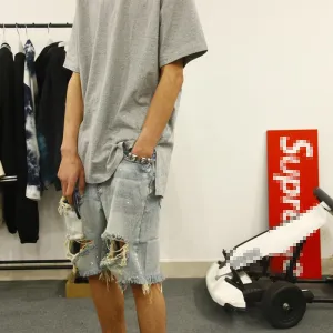 Men Casual Retro Wash Big Hole Hip Hop Knee Length Denim Shorts