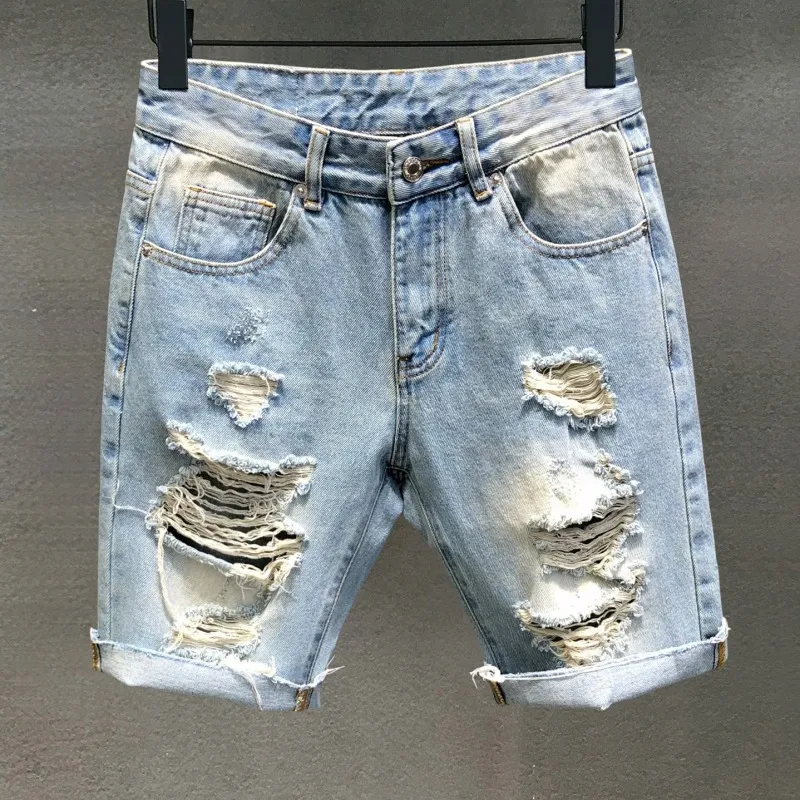 Men Old Craft Fashion Loose Comfortable Washed Ripped Denim Knee Length Shorts