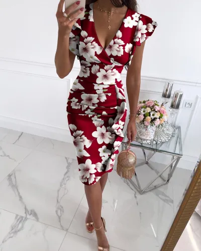 Women Elegant Summer V Neck Ruffled Floral Printed Bodycon Dress