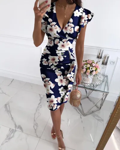 Women Elegant Summer V Neck Ruffled Floral Printed Bodycon Dress