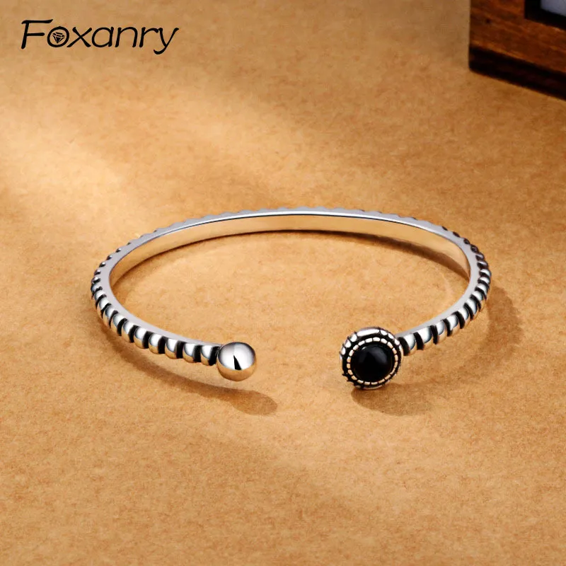 Women Vintage Black Stone Decoration Copper Cuff Bracelet