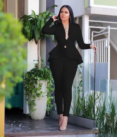 Women Two Piece Set Tracksuit Full Sleeve Ruffles Blazers Pencil Pants Suit Office Lady Outfits