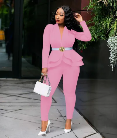 Women Two Piece Set Tracksuit Full Sleeve Ruffles Blazers Pencil Pants Suit Office Lady Outfits
