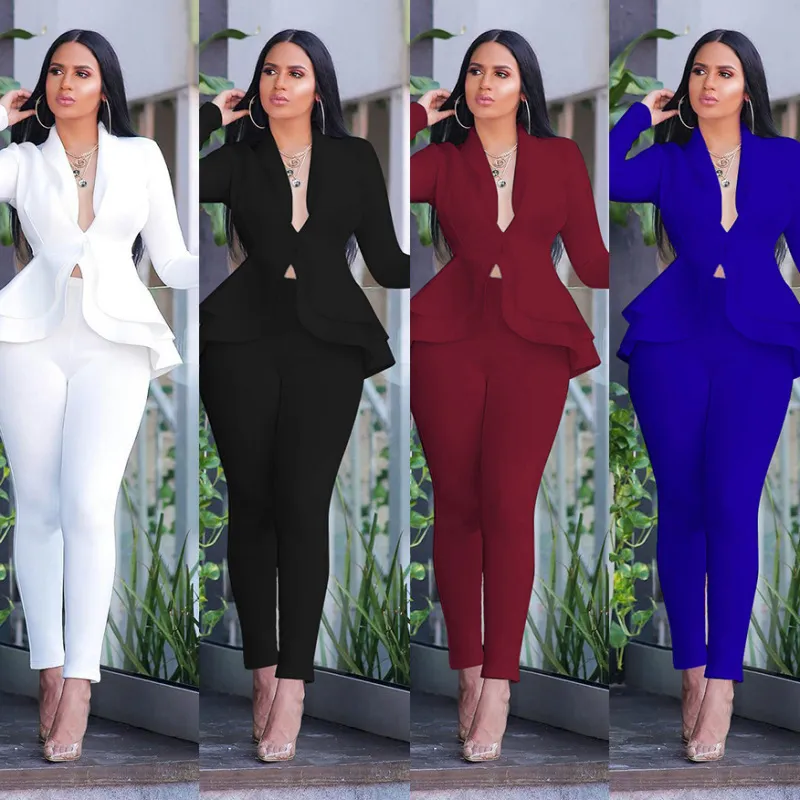 Women Two Piece Set Tracksuit Full Sleeve Ruffles Blazers Pencil Pants Suit Office Lady Outfits