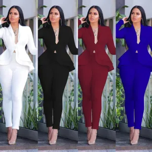 Women Two Piece Set Tracksuit Full Sleeve Ruffles Blazers Pencil Pants Suit Office Lady Outfits