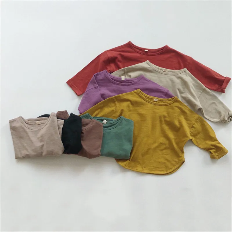 Babies Kids Solid Color Long Sleeve Basic Cotton Tee Shirt S-5XL